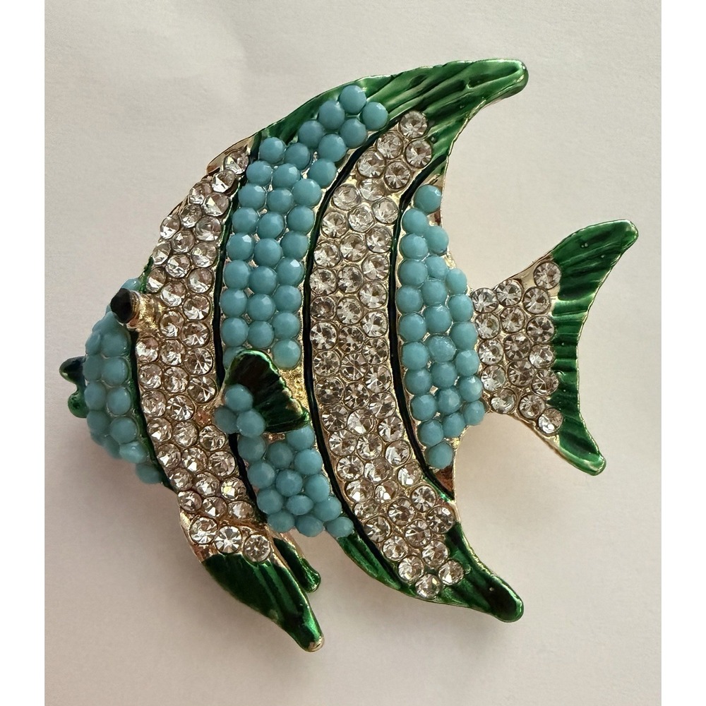 Gold-Tone Metal Angelfish Brooch Rhinestones Turquoise Green Enamel Accent Pin